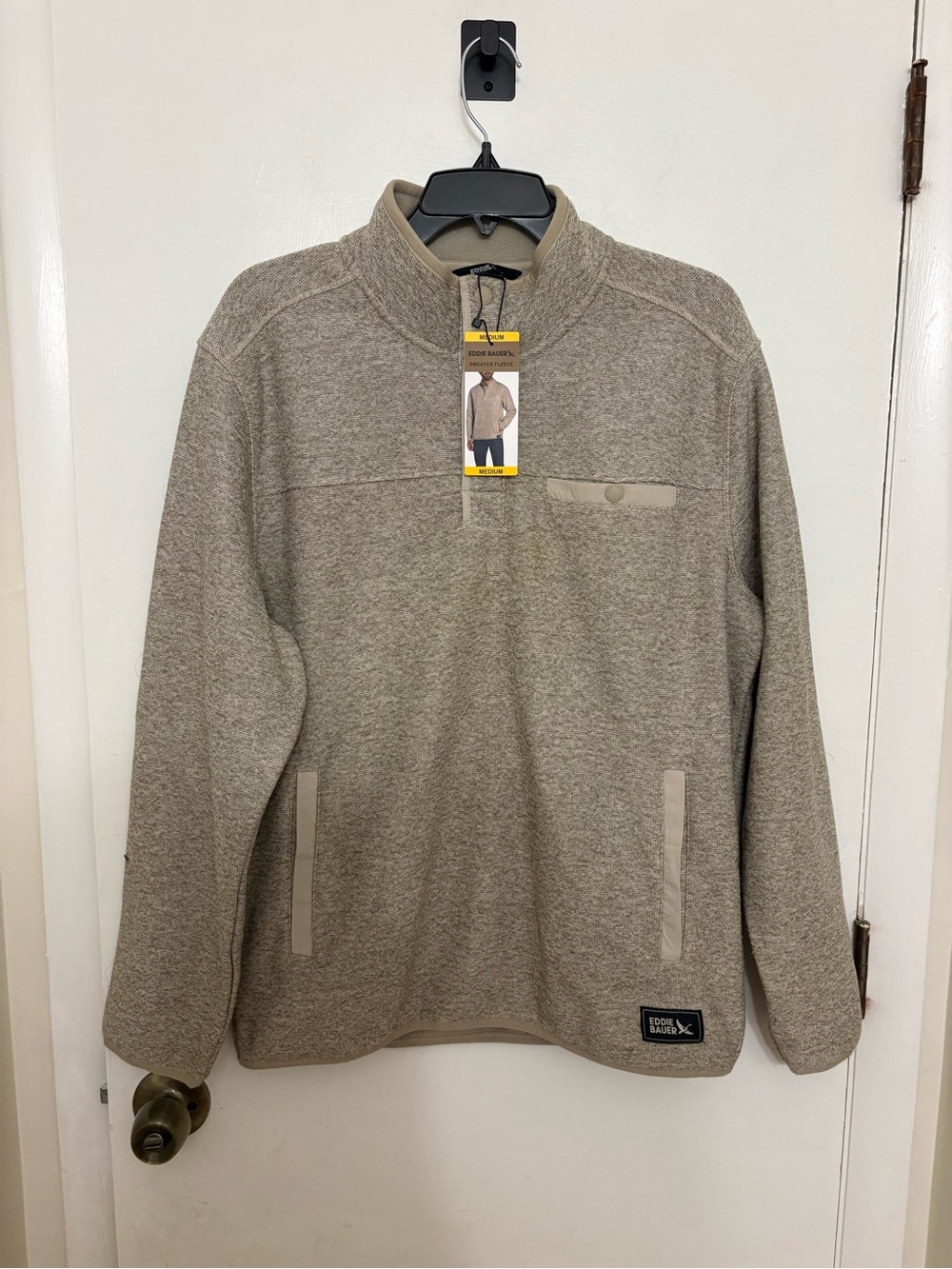Eddie Bauer Men Sweater Fleece Pullover M Heather Ivory NWT Quarter Snap